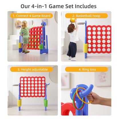 UNICOO Jumbo 4-in-a-Row Game Set, Height Adjustable Indoor Outdoor Yard Game with Basketball Hoop, Ring Toss & Carrying Bag, Family Party Lawn Game for Kids and Adults - color: Red & Blue