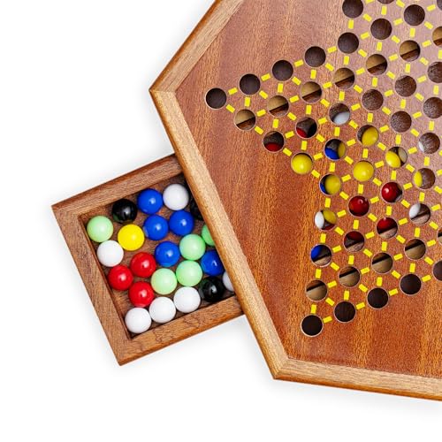 Wooden Chinese Checkers Game Set with Storage Drawer, 12.6 inches - Includes 60 Colorful Acrylic Chess Pieces (6 Colors) - Classic Strategy Board Game