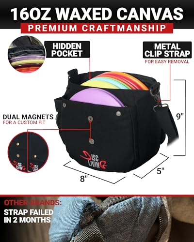 Disc Golf Bag | Frisbee Golf Bag | Easy to Carry | Lightweight Fits Up to 10 Discs | 16 oz Waxed Canvas Sturdy Design | Belt Loop | Double Button Design | Bottle Holder - style: Waxed Canvas - Black