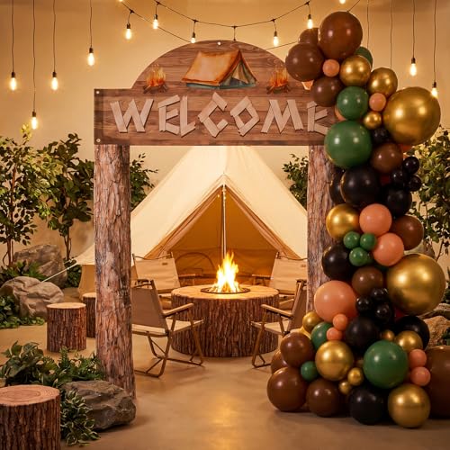 Peryiter 115 pcs Camping Party Decorations Set Wood Grain Welcome Backdrop Banner Foil Fringe Curtain Balloon Arch Kit Outdoor Camping Themed Supplies for Birthday Campfire Party - style: Camping