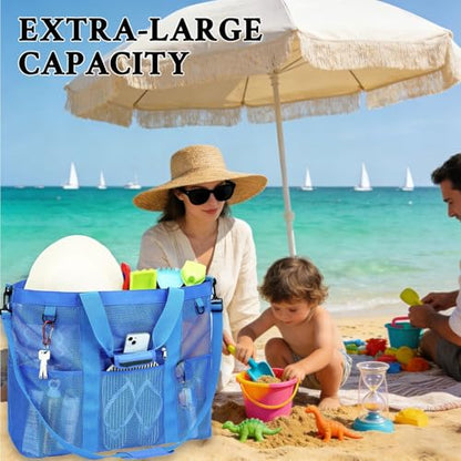 GYEUKHAM Mesh Beach Bag for Women, Sand-Resistant Pool Tote, 9 Pockets (1 Inner Zip), Foldable Family Travel Essentials - color: Extra Large - Blue
