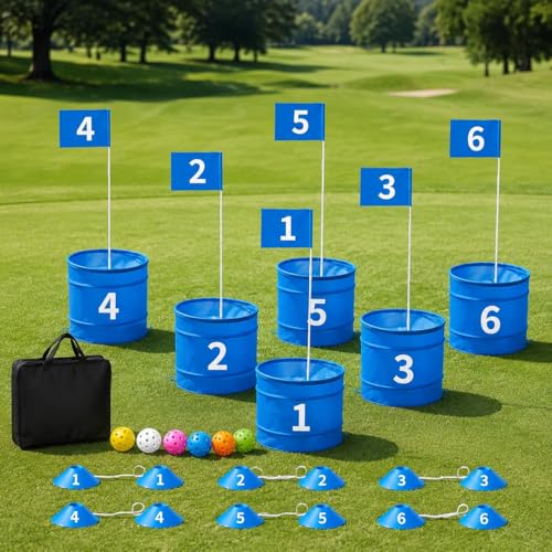 Blue Chipping Mat for Short Game, 30x30x150cm Portable Target with Carry Bag, Fun Games for Indoor and Outdoor Use, 6-Bucket Set - style: 6-bucket set
