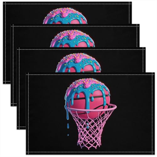 Ice Cream Drip Basketball Kids Placemats Set of 4,Ball Sport Game Competition Table Place Mats,Basketball Hoop Lover Fans Kitchen Decor,Black Placemat Kitchen Table Decoration 12"x18" - color: Black