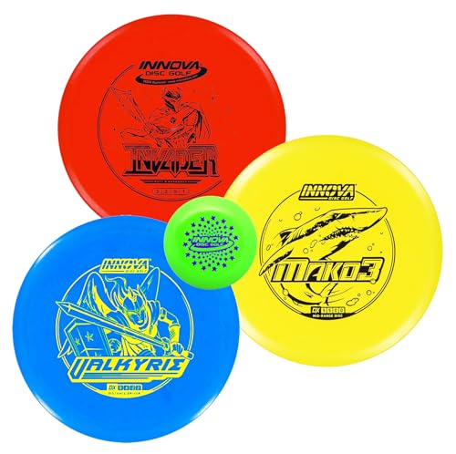Innova Disc Golf Set 3 Pack – Disc Golf Starter Set for Beginners with Disc Golf Driver, Mid-Range, Disc Golf Putter DX Valkyrie, DX Invader, DX Mako3 and Mini
