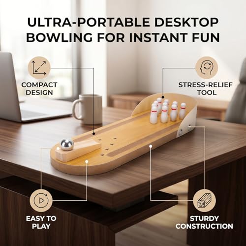 Tabletop Mini Bowling Game Set - Wooden Home Bowling Alley, Office Desk Toy Stress Relief Gadget, Compact Portable Fun for Adults Teens Kids Xmas Stocking Stuffers