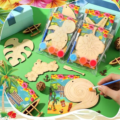 Saypacck 24 Pcs Hawaii Party Favors Wooden Painting Craft Kits Birthday Party Supplies with Organza Bag for Goodie Bags Fillers Adult Thank You Gifts - style: Hawaiian