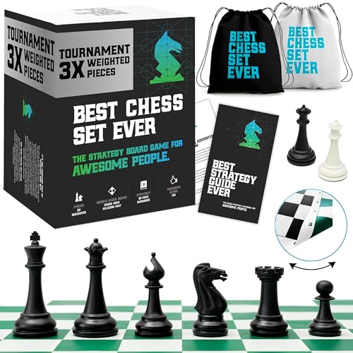 Best Chess Set Ever 3X Tournament Modern Chess Set with Weighted Staunton Pieces, 20x20 Double-Sided Silicone Board, Strategy Guide and Storage Bags for Adults & Kids - color: Modern, size: 3x Tournament
