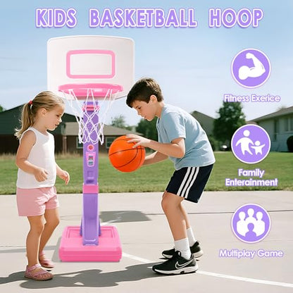 Toddler Basketball Hoop Indoor Outdoor - Height Adjustable 27.6-54 Inches (5 Slots), Kids Basketball Hoop with 4 Inflatable Balls & Pump, Safe Toddler Toys for 1-6 Year Old Boys Girls - color: pink