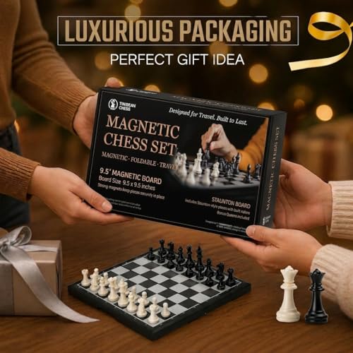 Magnetic Chess Set, 9.5” Foldable Board with Storage, Staunton Pieces, 2 Extra Queens, Travel Chess Game for Kids and Adults