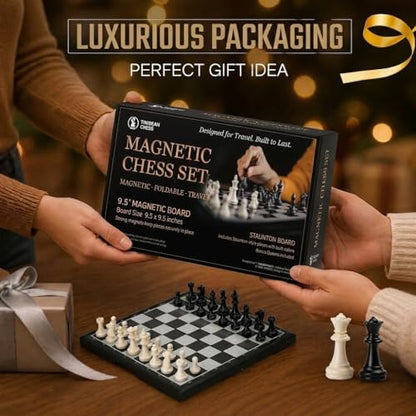 Magnetic Chess Set, 9.5” Foldable Board with Storage, Staunton Pieces, 2 Extra Queens, Travel Chess Game for Kids and Adults