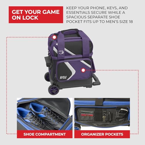 BSI Dash Roller Bowling Bag with Smooth Rolling Wheels, Padded Ball Compartment, Retractable Locking Handle, & Shoe Pocket - color: Black/Purple/White, style: Single