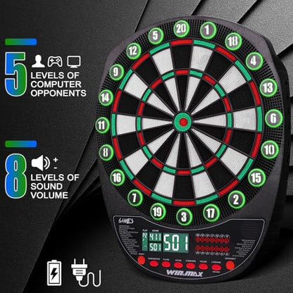 WIN.MAX Electronic Dart Board Soft Tip Dartboard Set LED Displays 3 Languges with Cabinet - style: brown