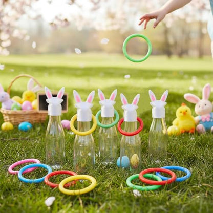 Capoda 84 Pcs Easter Ring Toss Game Outdoor Bunny Party Games Include 14 Glass Bottles and 70 Rings for Easter Party Indoor Outdoor Family Adults Throwing Favor Supplies