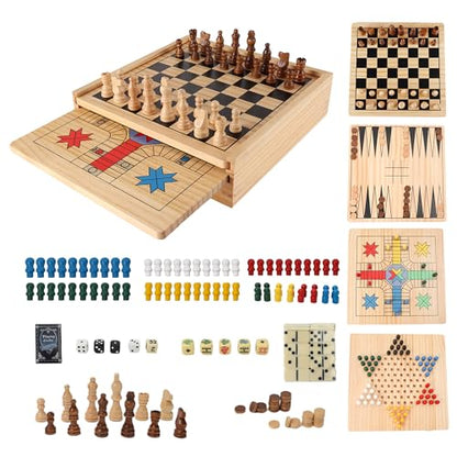 GSE Games & Sports Expert Wooden 9-in-1 Chess, Checkers, Backgammon, Dominoes, Chinese Checkers, Tic-Tac-Toe, Ludo, Playing Cards & Poker Dice Game Combo Set