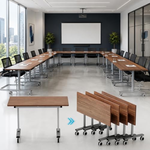 Folding Conference Table with Wheels, Mobile Flip-Top Training Table, Modular Space-Saving Meeting Table for Office, Classroom, Seminar, Library (10, Walnut, 55IN) - color: Walnut, size: 55IN