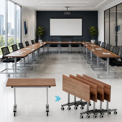 Folding Conference Table with Wheels, Mobile Flip-Top Training Table, Modular Space-Saving Meeting Table for Office, Classroom, Seminar, Library (10, Walnut, 55IN) - color: Walnut, size: 55IN