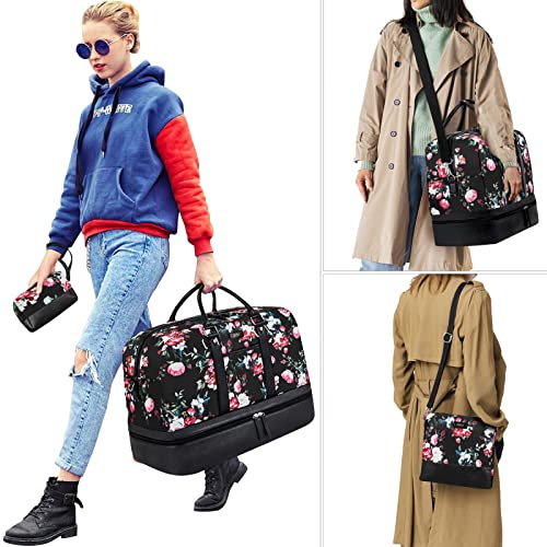 Weekender Bag for Women, Large Overnight Bag Canvas Travel Duffel Bag Carry On Tote with Shoe Compartment 21" 3Pcs Set - color: A15-black+black rose