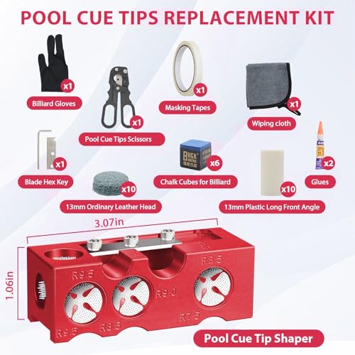 11-in-1 Billiards Pool Cue Tip Shaper, Pool Cue Tips Replacement Kit, Pool Cue Tips,Pool Cue Tip Tool for Replacement and Shaping Cue Tips - color: Red