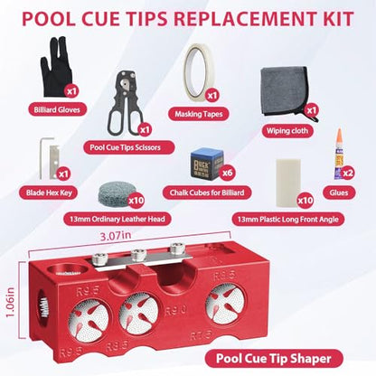 11-in-1 Billiards Pool Cue Tip Shaper, Pool Cue Tips Replacement Kit, Pool Cue Tips,Pool Cue Tip Tool for Replacement and Shaping Cue Tips - color: Red