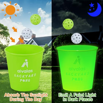 Aivalas Yard Pong Outdoor Games Glow Set in Dark, Giant Yard Pong Game for Adults and Family with 12 Buckets, 4 Balls and a Carrying Bag, Giant Pong for Beach, Camping, Lawn and Backyard - color: Green Glow in Dark