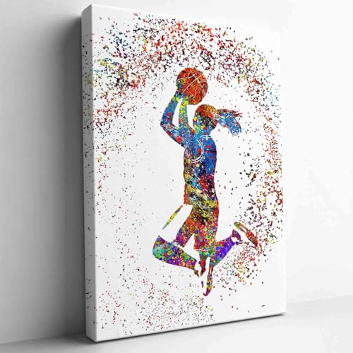 Modern Abstract Colorful Splatter Women Basketball Player Canvas Wall Art Framed Sports Decor for Bedroom Living Room Office,12"x16"-Ready to hang - color: Red-4, size: 16"L x 12"W