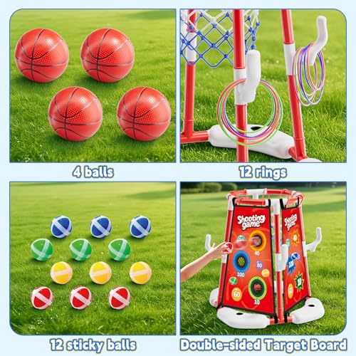 Pool Basketball Hoop for Kids Ages 4-8 & 8-12 - Floating Game Set with Water-Fillable Base, Pump, Toss Targets & Sticky Balls, Pool Games Backyard Swimming Pool Toys for Outdoor Summer Family Fun - color: Red