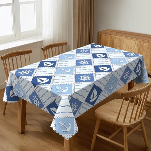 Marine Themed Table Cloths Decorative for Dining Room, Blue Nautical Washable Tablecloth for Home, Restaurant, Outdoor Party Table Cover 54x72 Inch - color: Blue White