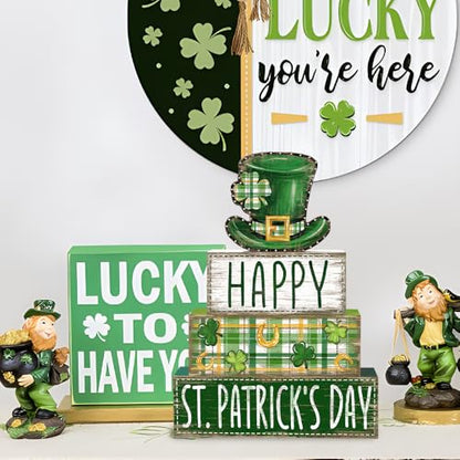 DIYDEC 4Pcs St.Patrick's Day Table Decoration Shamrocks Hat Wooden Block Signs Rustic St. Patrick Tiered Tray Decor Happy St.Patrick's Day Centerpiece Sign for Farmhouse Holiday Tabletop Party Decor - style: St.Patrick's Day Hat