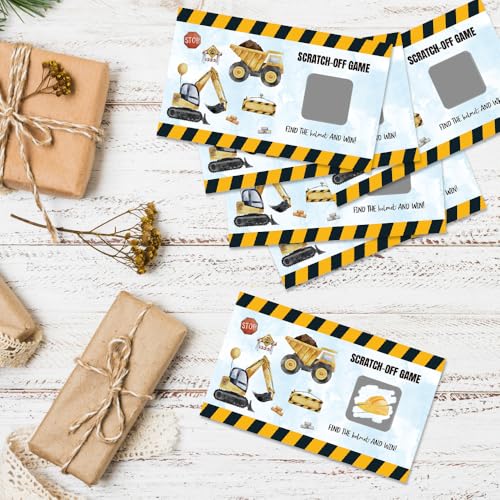 50 Pcs Construction Theme Scratch Off Game Card for Birthday Party | Funny Excavator Dump Truck Scratch Cards for Baby Shower, Construction Birthday Party Supplies, Lottery Group Games Activity - color: Blue & Yellow