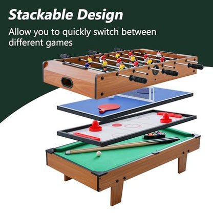 Goplus 4 in 1 Multi Game Table, Combination Game Table Set with Pool Billiards, Air Hockey, Foosball, Table Tennis, Stackable Combo Tabletops for Home, Play Room, Party Family Night - color: Brown
