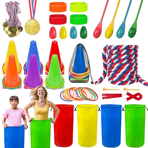 LINAYE Field Day Games Outdoor Activities, Carnival Lawn Yard Picnic Family Reunion Games Tug of War Rope Sack Race Bags for Adults and Kids Ring Toss Egg and Spoon 3 Legged Race for Birthday Party