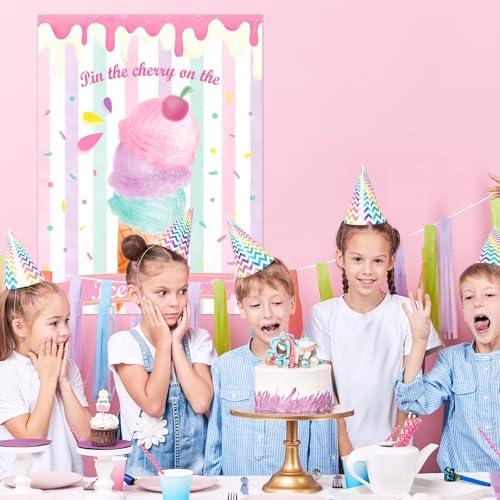 WERNNSAI Pin The Cherry on The Ice Cream Game -Birthday Party Games Ice Cream Party Decorations 28'' x 21'' Poster with 24 PCS Cherry Stickers for Kids Girls Birthday Carnival Supplies - style: Ice Cream