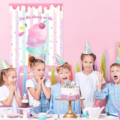WERNNSAI Pin The Cherry on The Ice Cream Game -Birthday Party Games Ice Cream Party Decorations 28'' x 21'' Poster with 24 PCS Cherry Stickers for Kids Girls Birthday Carnival Supplies - style: Ice Cream