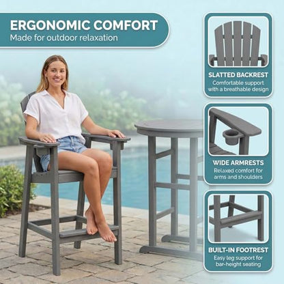 Patio Bar Tables Set of 3, HDPE Outdoor High Top Table and Chairs Set Height Table Chairs Adirondack Bar Set for Garden, Backyard, Yard, Pool, Balcony, Grey - color: Ø31.1" Bar Set of 3, Grey