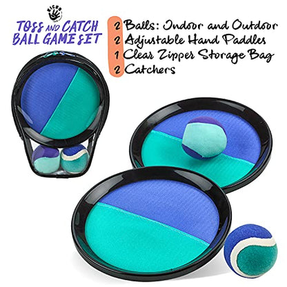 Kicko Toss and Catch Ball Game - Purple and Teal -Paddle Balls with Catcher Mitts, Hard and Soft Tennis Balls, & Travel Case - for Kids Indoor or Outdoor Team Sports, Backyard or Beach NEW & Improved