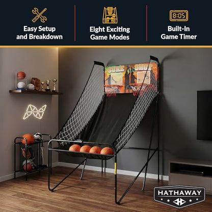Hathaway Sure Shot 81-in Dual Basketball Arcade Game for Game Room - with LED Scoring, Foldable Indoor Basketball Game Design, Steel Frame, 8 Game Modes, Pump & Dual Hoops - Orange/Black Finish