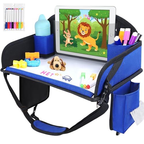 Kids Travel Tray for Airplane - Toddler Car Seat Table Tray, Road Trip Essentials for Boys & Girls, Carseat Lap Desk for Kids Road Trip Activities(Navy Blue) - color: Navy Blue