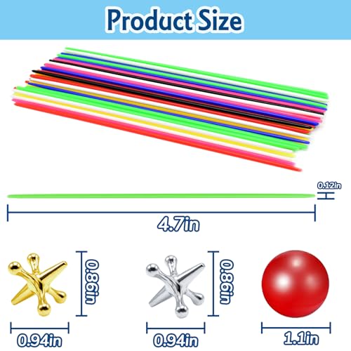 ZeeDix 3 Sets Jacks Game and Pick Up Sticks, 180 Pcs Sticks and 30 Pcs Metal Jax with 3 Pcs Red Rubber Balls, Classic Pick Up Sticks Game for Kids Adults Family - style: 3 Set