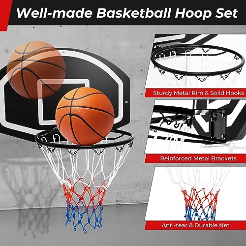 Goplus Wall Mount Basketball Hoop, 28.5’’ x 18’’ Large Backboard with 17’’ Rim, Shatter-Proof Backboard, All-Weather Net, Door Wall Mounted Indoor Outdoor Basketball Playset for Backyard