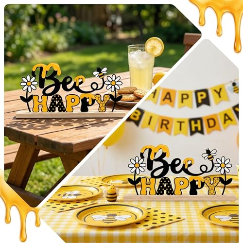 Bee Happy Spring Table Decorations Cute Bumble Bee Metal Table Sign with Wooden Base Spring Summer Farmhouse Tiered Tray Decor Yellow Daisy Tabletop Centerpieces for Home Mantel Shelf Desk - style: Bee Happy