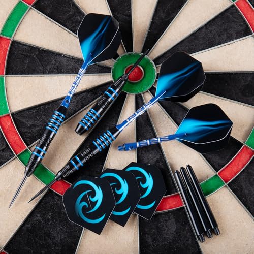 24g Steel Tip Darts Set with Carrying Case | Knurled grip barrels, Aluminum shafts with O-rings, Extra flights, Balanced feel, Practice and league play