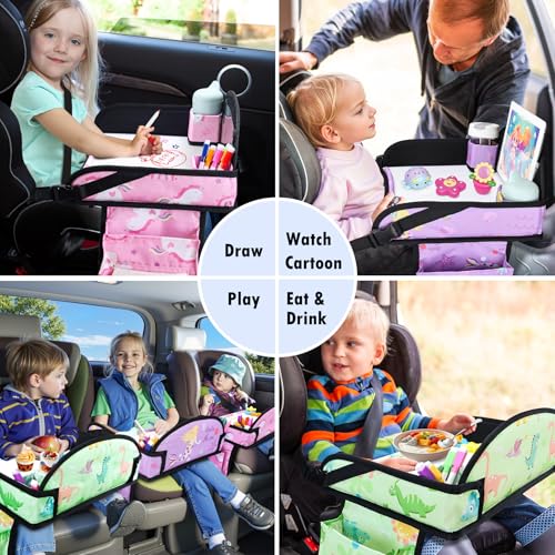 3PCS Kids Travel Tray for Airplane - Toddler Car Seat Table Tray, Road Trip Essentials for Boys & Girls, Carseat Lap Desk for Kids Road Trip Activities (Pink/Green-/Purple) - color: Pink/Green-/Purple--3PCS