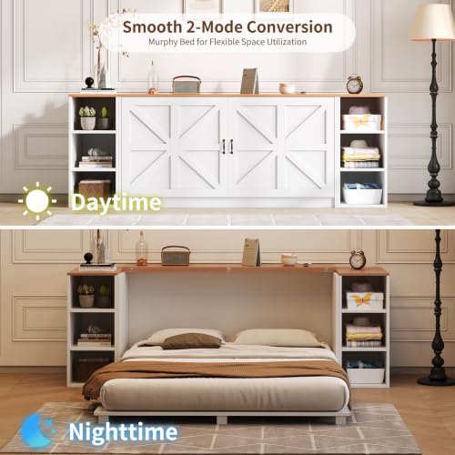Queen Murphy Bed Cabinet, Farmhouse Murphy Bed with Wooden Foldable Platform, 6 Open Cubby Storage Shelves, Saving Space Wall Bed for Guest Room, Home Office & Apartment, White - size: Queen (U.S. Standard)