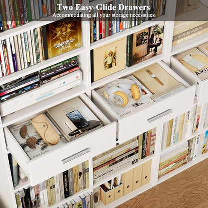 HOSTACK 73" Tall Bookshelf with Drawers, 7-Tier White Bookshelf with Storage, Double Wide Bookcase with 14 Open Book Shelves, Wood Book Case with Adjustable Shelves for Media CD DVD Storage, White - color: White