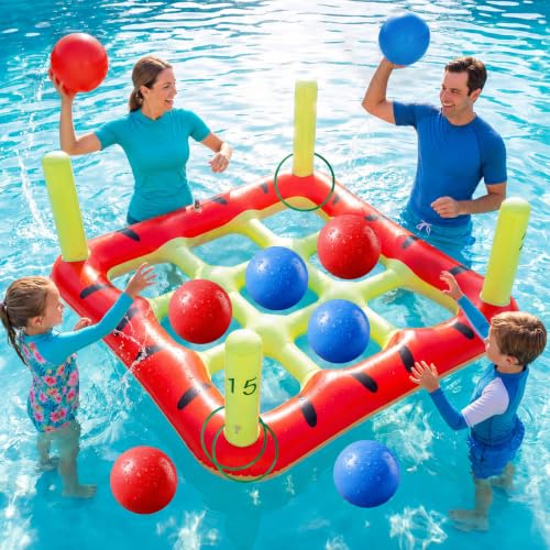 Pool Toys Games Set, 2-in-1 Giant Inflatable Pool Tic Tac Toe Game & Ring Toss with 12 Ring & 8 Balls, Fun Summer Swimming Pool Party Beach Float Games for 3-12 Yrs Kids Adult Family 2-10 Players