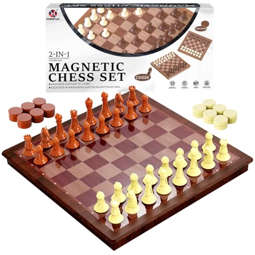 13 Inch Chess Set and Magnetic Chess Board – 2-in-1 Foldable Plastic Travel Board Game, Classic Strategy Toy for Kids, Adults, Beginners and Tournament Players - color: Wood Color
