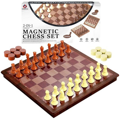 13 Inch Chess Set and Magnetic Chess Board – 2-in-1 Foldable Plastic Travel Board Game, Classic Strategy Toy for Kids, Adults, Beginners and Tournament Players - color: Wood Color