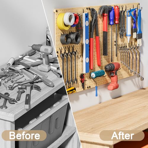 VOIMO Bamboo Pegboard Organizer Set, 6 Panels (16"x12") with 48 Hooks – Eco-Friendly Wall Mounted Storage Rack for Tools, Crafts & Office – Natural Bamboo Pegboard System with Accessories - size: 16'' X 12'' (6 Panels)
