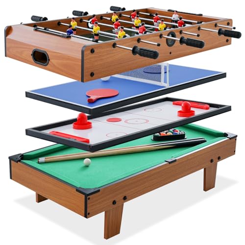 Goplus 4 in 1 Multi Game Table, Combination Game Table Set with Pool Billiards, Air Hockey, Foosball, Table Tennis, Stackable Combo Tabletops for Home, Play Room, Party Family Night - color: Brown