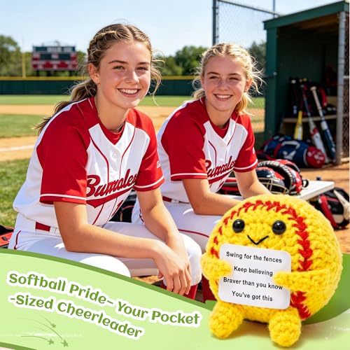 OkiyiD Mini Positive Yellow Softball Crochet Ornament – Knitted Wool Ball with Inspirational Card, Emotional Support Desk Decor for Women College Students, Stress Relief Gift for Graduation Birthday - style: yellow softball